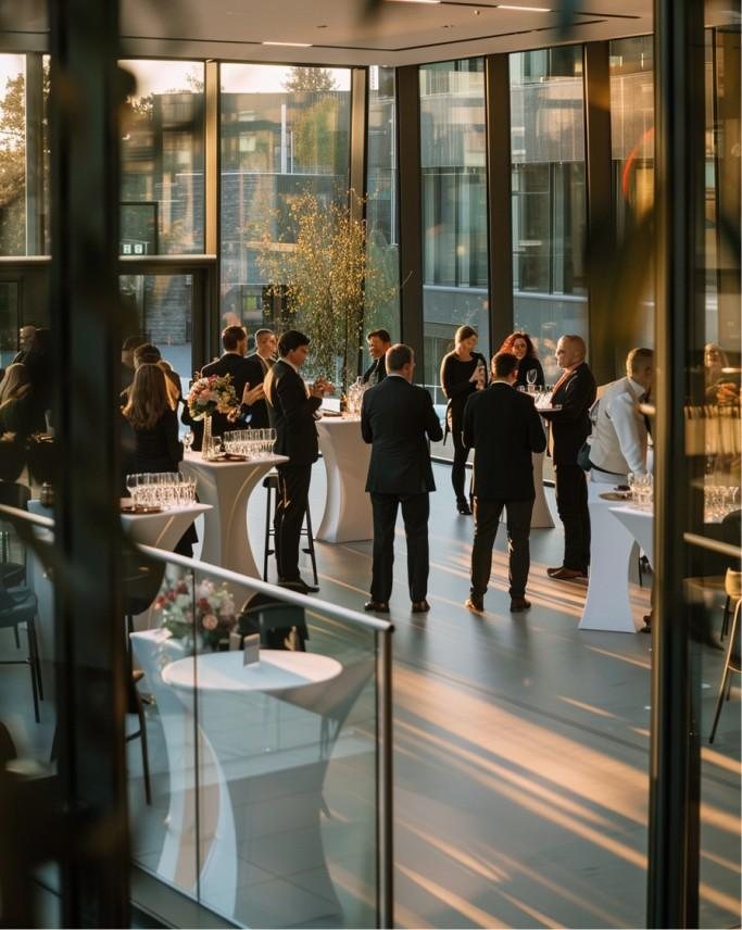 Cóctel de empresa al atardecer junto a grandes ventanales, organizado por Sexto Studio